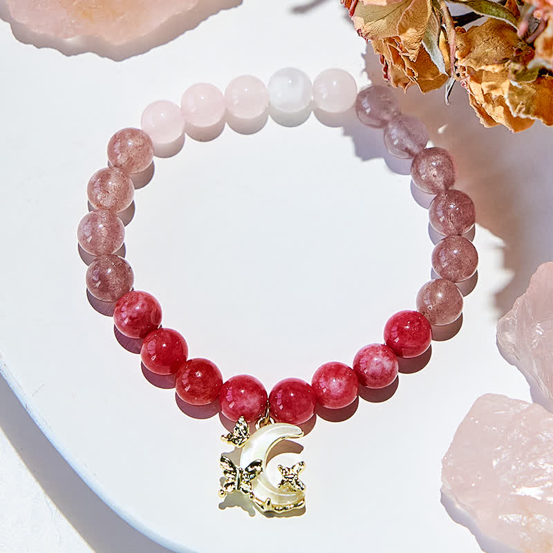 Olivenorma Bracciale con ciondolo a forma di luna con perline di cristallo rosa naturale 
