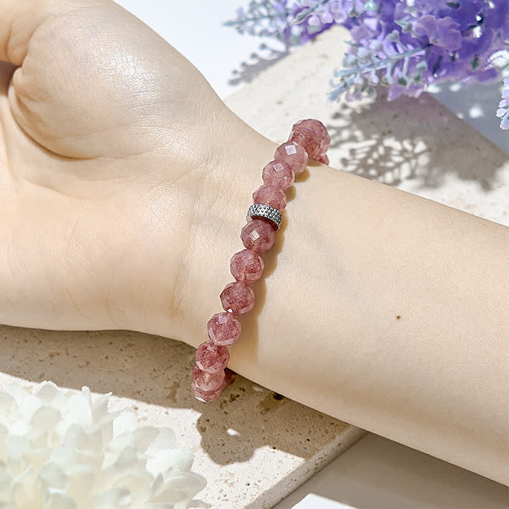 Bracciale Olivenorma Cut Face con perle di quarzo fragola naturale 
