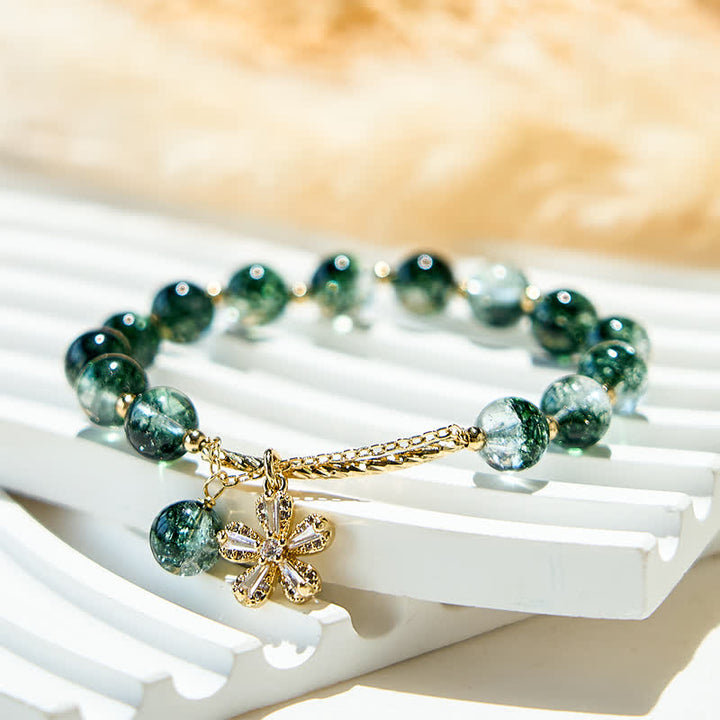 Bracciale con ciondolo a forma di fiore di ciliegio in perline di quarzo fantasma verde Olivenorma 