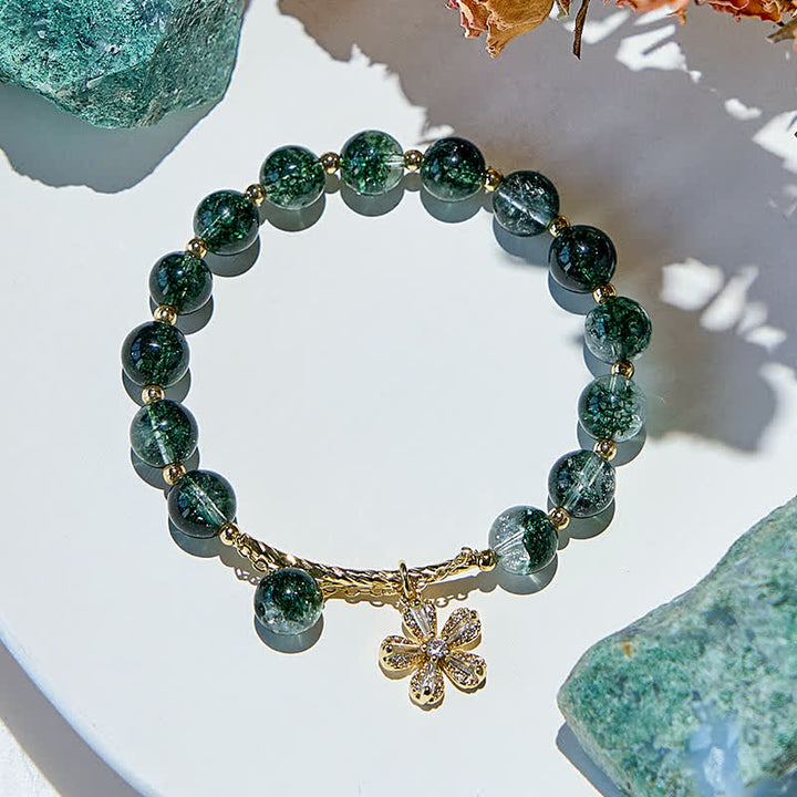 Bracciale con ciondolo a forma di fiore di ciliegio in perline di quarzo fantasma verde Olivenorma 