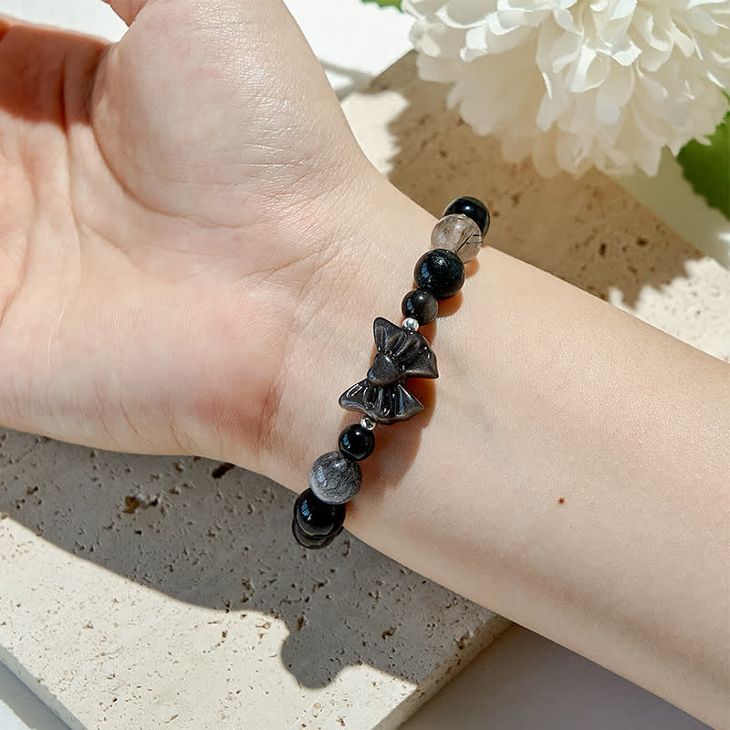 Olivenorma Bracciale con ciondolo a fiocco in perle di ossidiana naturale in argento 