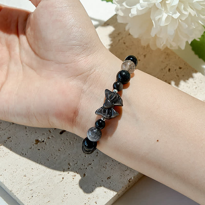 Olivenorma Bracciale con ciondolo a fiocco in perle di ossidiana naturale in argento 