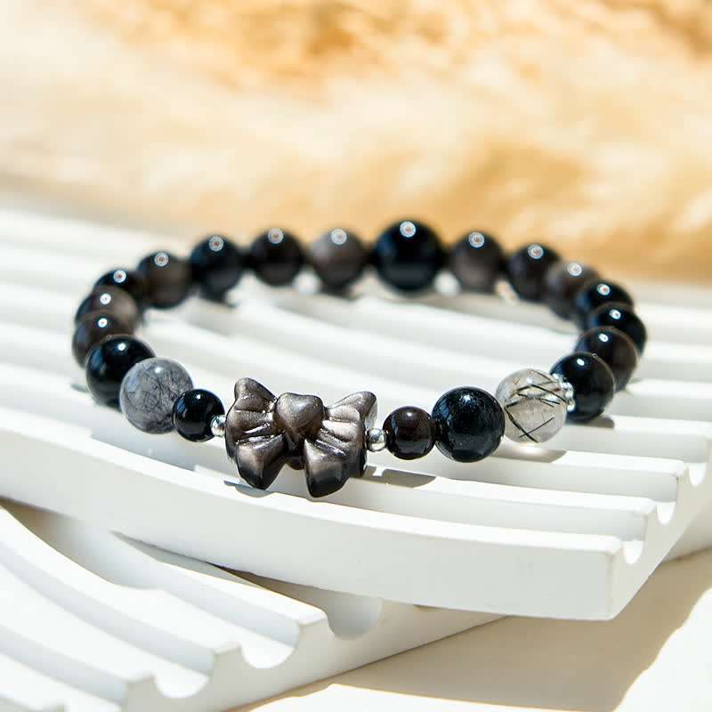 Olivenorma Bracciale con ciondolo a fiocco in perle di ossidiana naturale in argento 