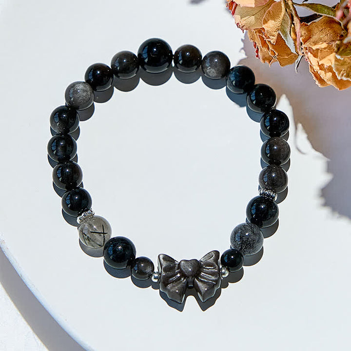 Olivenorma Bracciale con ciondolo a fiocco in perle di ossidiana naturale in argento 
