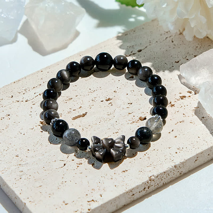 Olivenorma Bracciale con ciondolo a fiocco in perle di ossidiana naturale in argento 