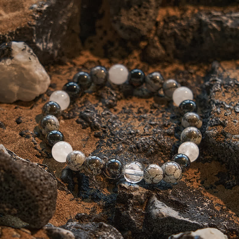 Braccialetto di perline di ossidiana con fiocco di neve e cristallo trasparente di Olivenorma Obsidian 