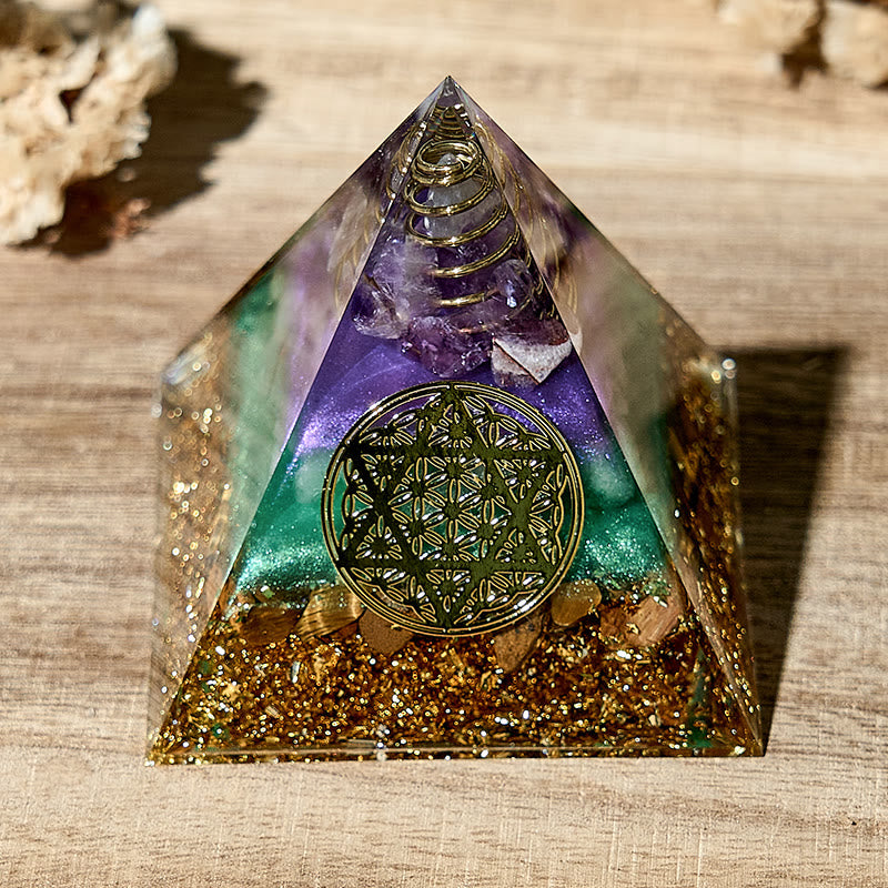 Olivenorma Piramide di Orgone con pietra preziosa del Fiore della Vita fatta a mano