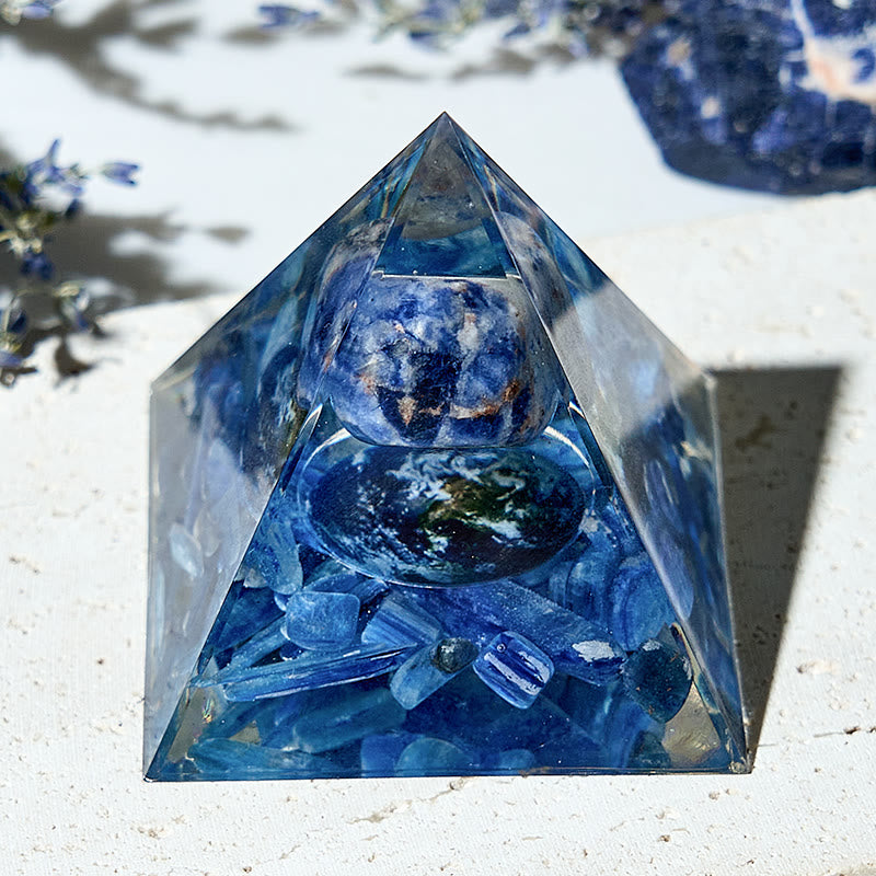 Olivenorma Piramide di Orgone di Terra Blu di Cianite e Sodalite Autentica