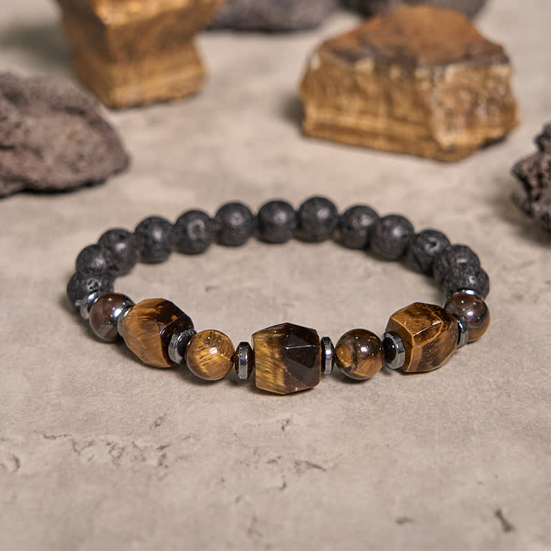 Bracciale Olivenorma con perline in pietra lavica sfaccettata con occhio di tigre 