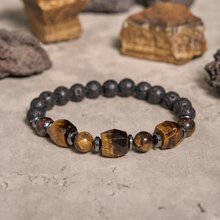 Bracciale Olivenorma con perline in pietra lavica sfaccettata con occhio di tigre 