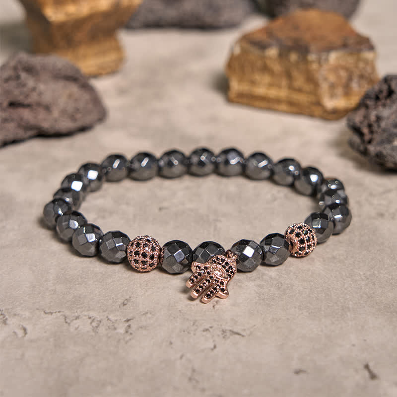 Olivenorma Bracciale con ciondolo Hamsa in perline di ematite