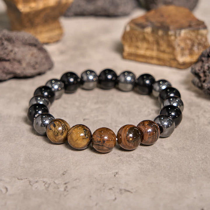 Olivenorma Braccialetto di perline in occhio di tigre, ematite e onice nero da 10 mm 