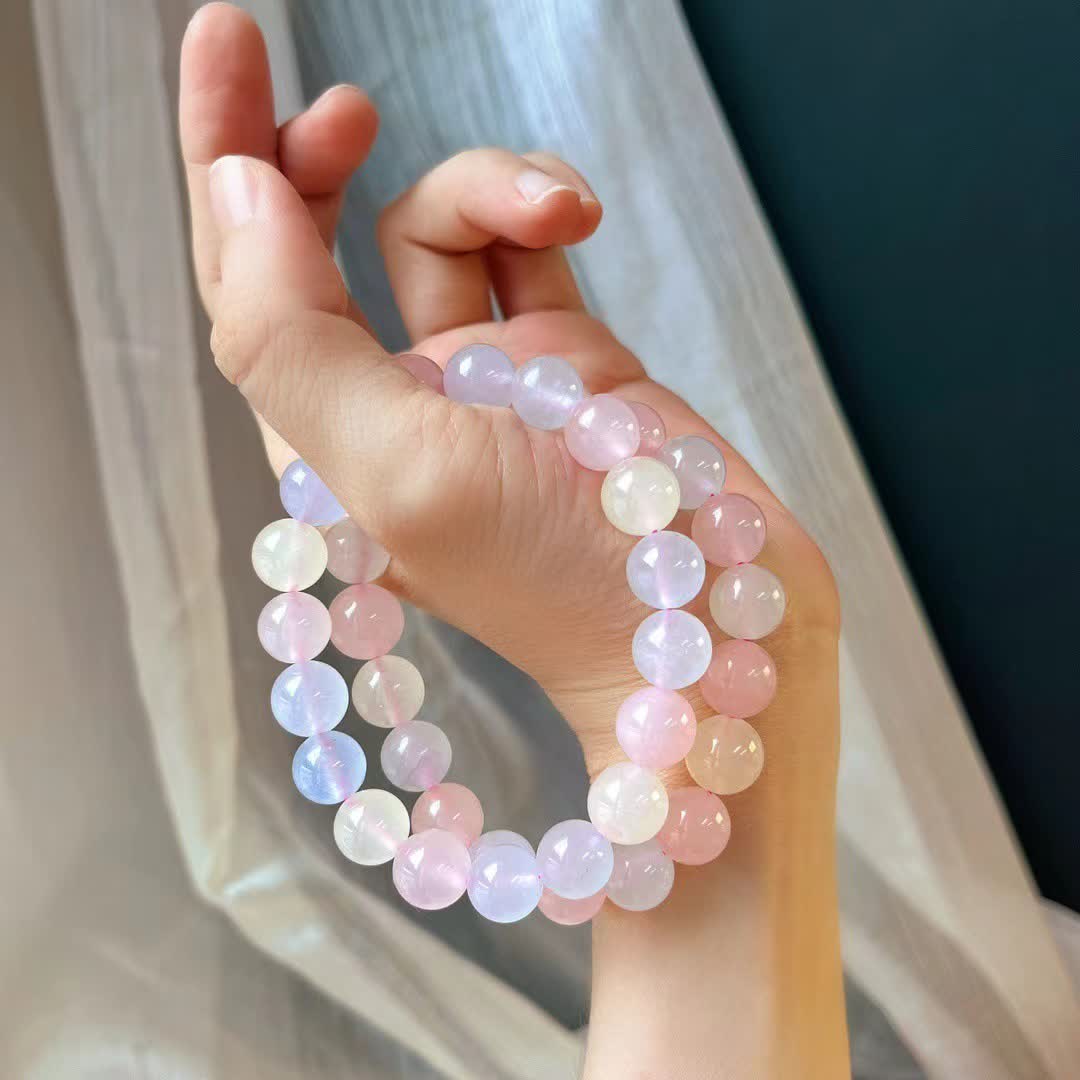 Bracciale di perline di calcedonio blu e quarzo rosa naturale Olivenorma 
