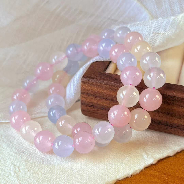 Bracciale di perline di calcedonio blu e quarzo rosa naturale Olivenorma 