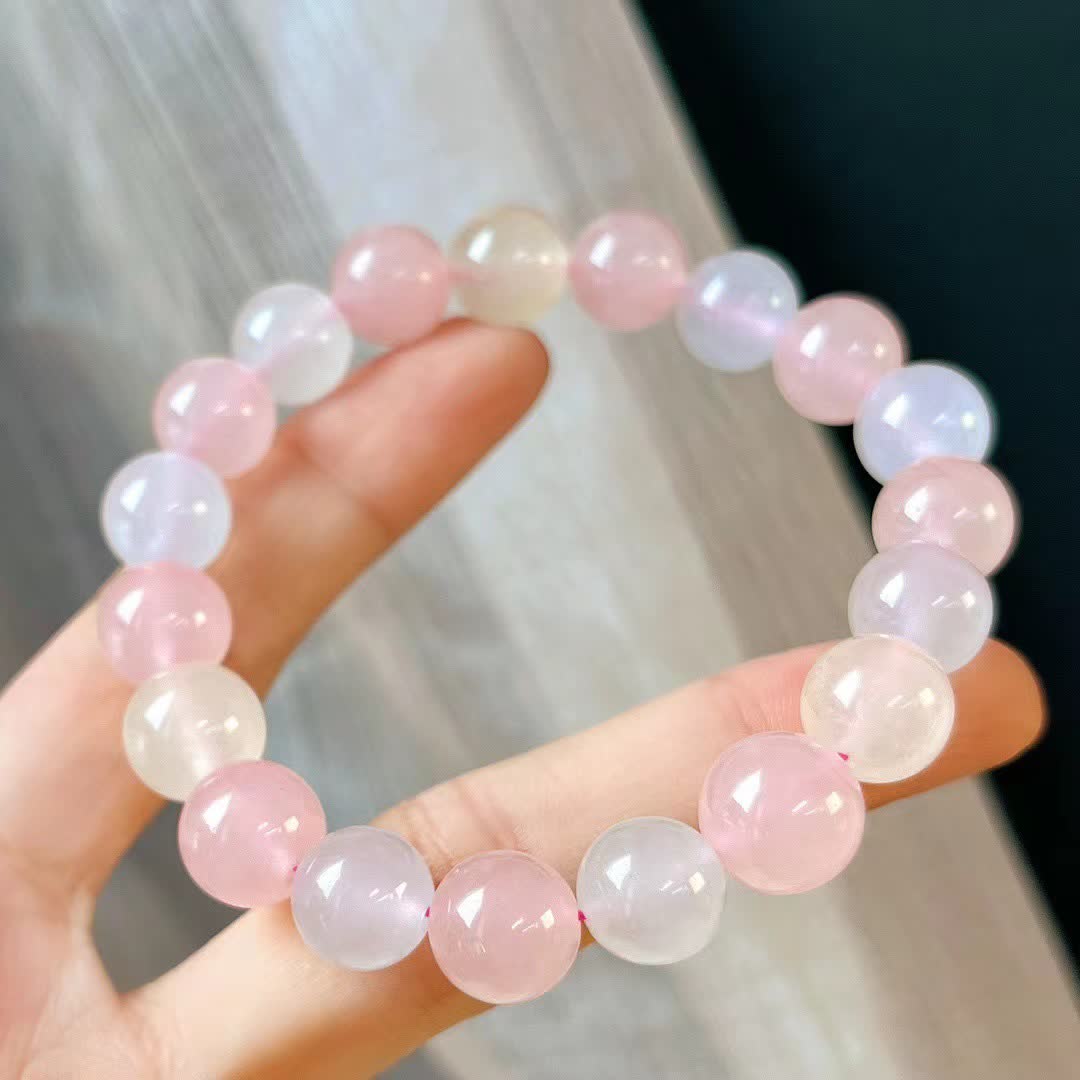 Bracciale di perline di calcedonio blu e quarzo rosa naturale Olivenorma 
