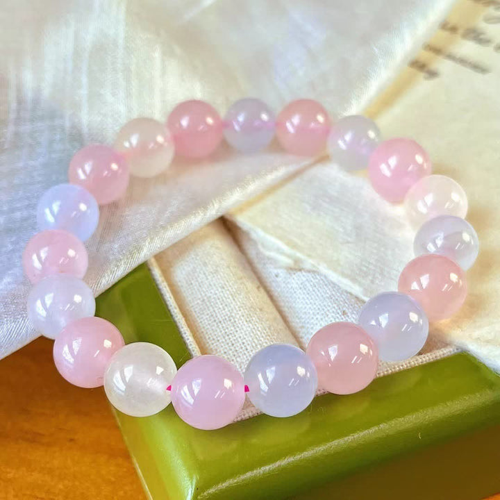 Bracciale di perline di calcedonio blu e quarzo rosa naturale Olivenorma 