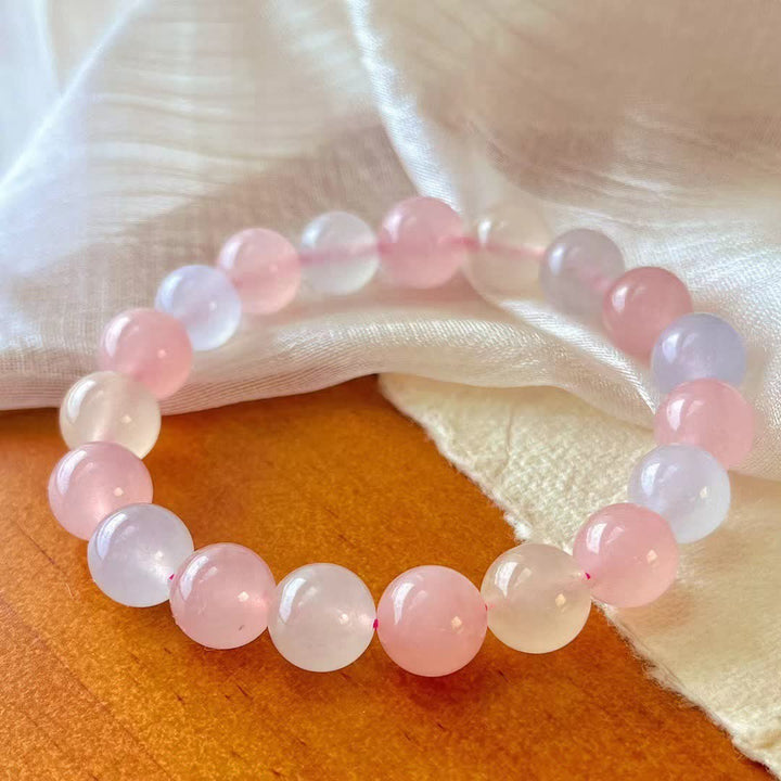 Bracciale di perline di calcedonio blu e quarzo rosa naturale Olivenorma 