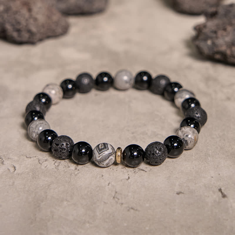 Bracciale di perline in pietra lavica di ossidiana diaspro grigio Olivenorma 