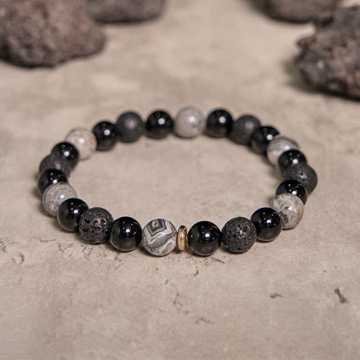 Bracciale di perline in pietra lavica di ossidiana diaspro grigio Olivenorma 