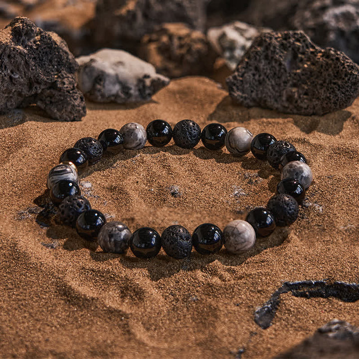 Bracciale di perline in pietra lavica di ossidiana diaspro grigio Olivenorma 