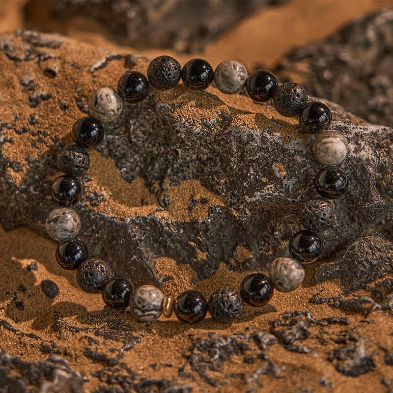 Bracciale di perline in pietra lavica di ossidiana diaspro grigio Olivenorma 