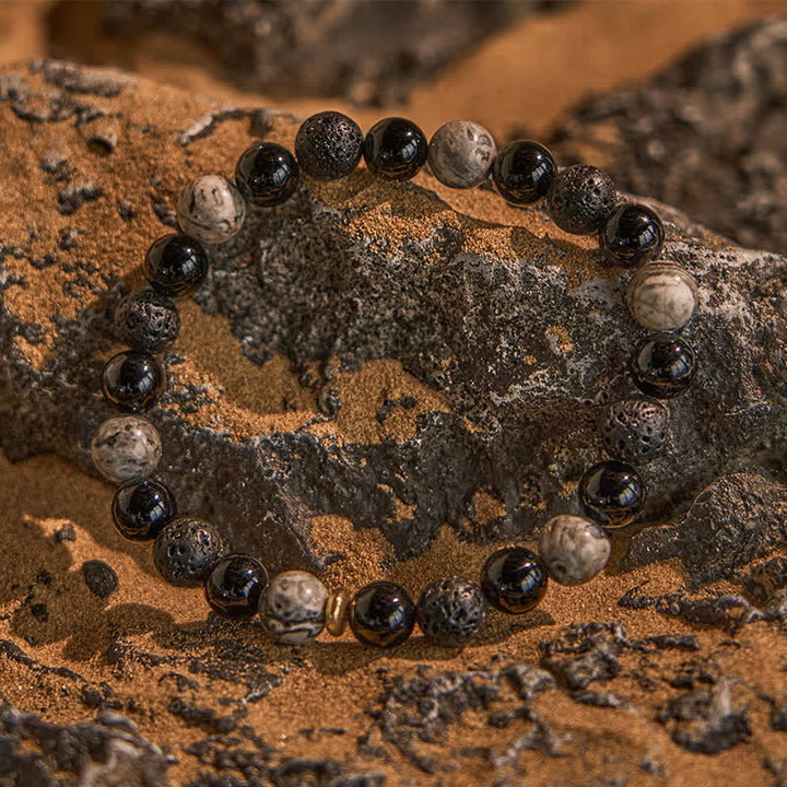 Bracciale di perline in pietra lavica di ossidiana diaspro grigio Olivenorma 