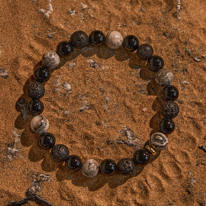 Bracciale di perline in pietra lavica di ossidiana diaspro grigio Olivenorma 