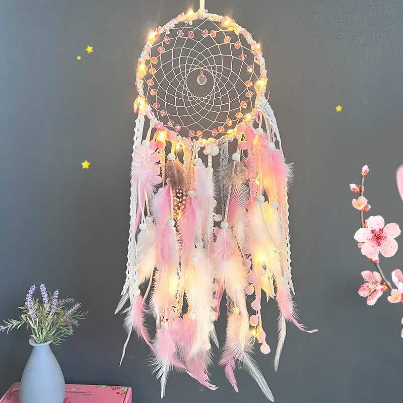 Olivenorma - Acchiappasogni con perline intrecciate rosa per amore, energia e sonno sereno - Con luci - image 1