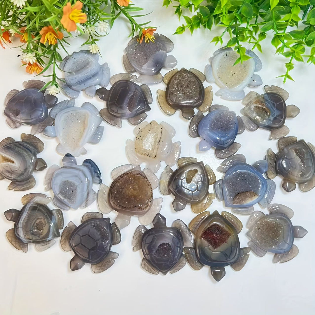 Decorazione ornamentale in pietra preziosa con tartaruga in agata geode naturale Olivenorma