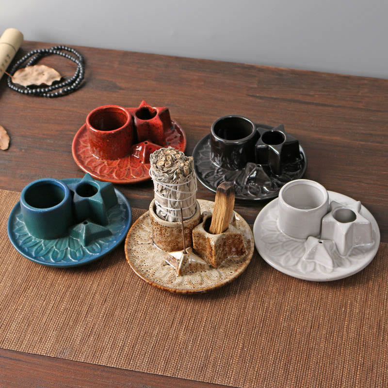 Olivenorma 3-IN-1 Porta incenso in ceramica a forma di stella in stile salvia
