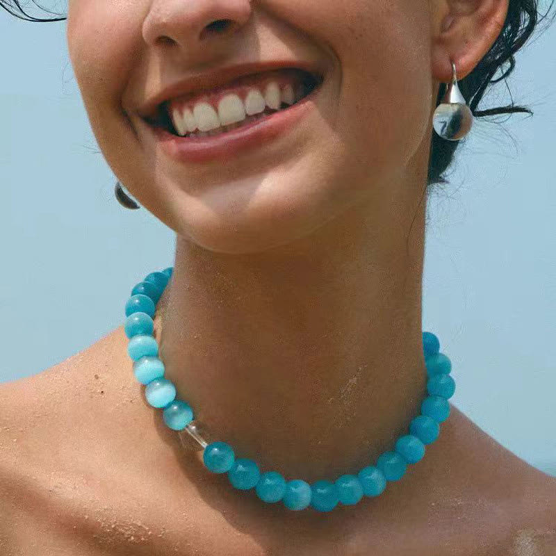 Collana girocollo con perline in pietra occhio di gatto Boho Olivenorma