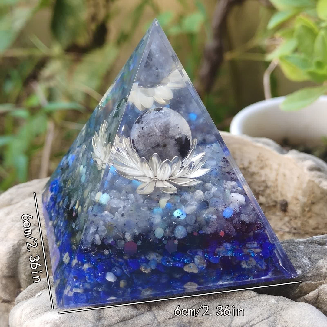 Olivenorma Pietra di Luna Lapislazzuli Loto Piedistallo Orgone Piramide