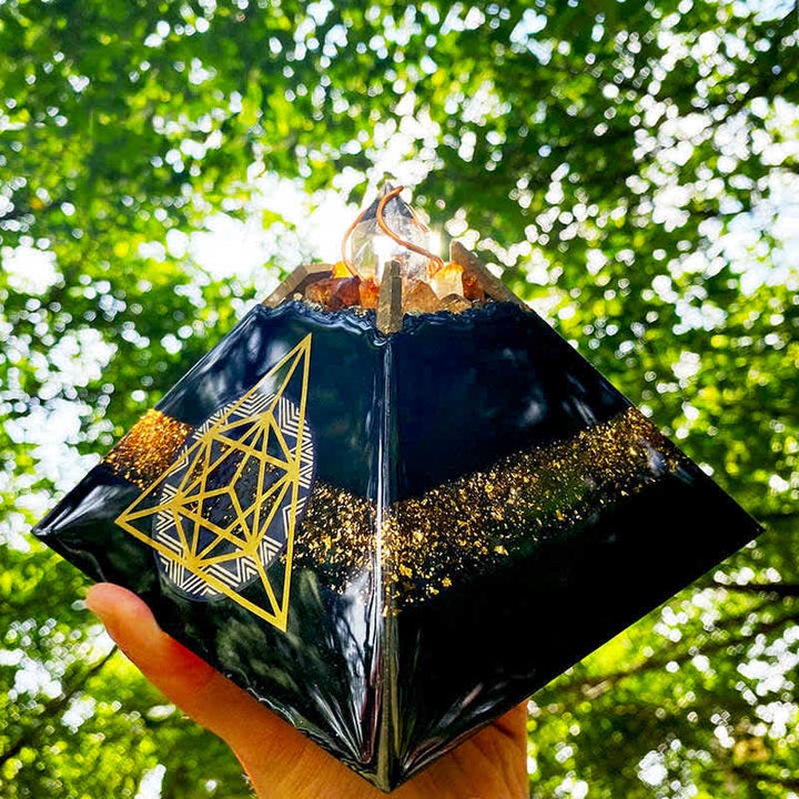 Olivenorma 14cm Ossidiana Cristallo Energia Guglia Orgone Piramide