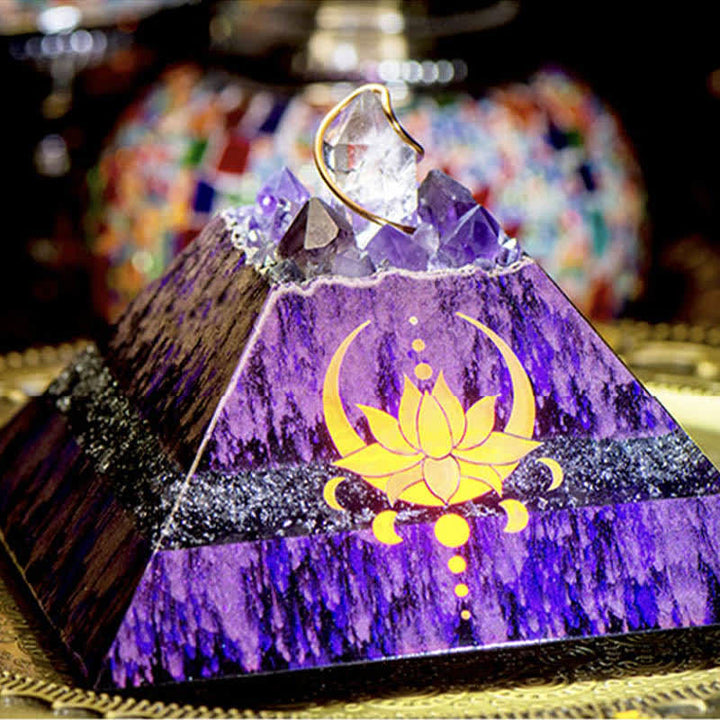 Olivenorma 14cm Lotus Ametista Energia Spire Piramide Orgone