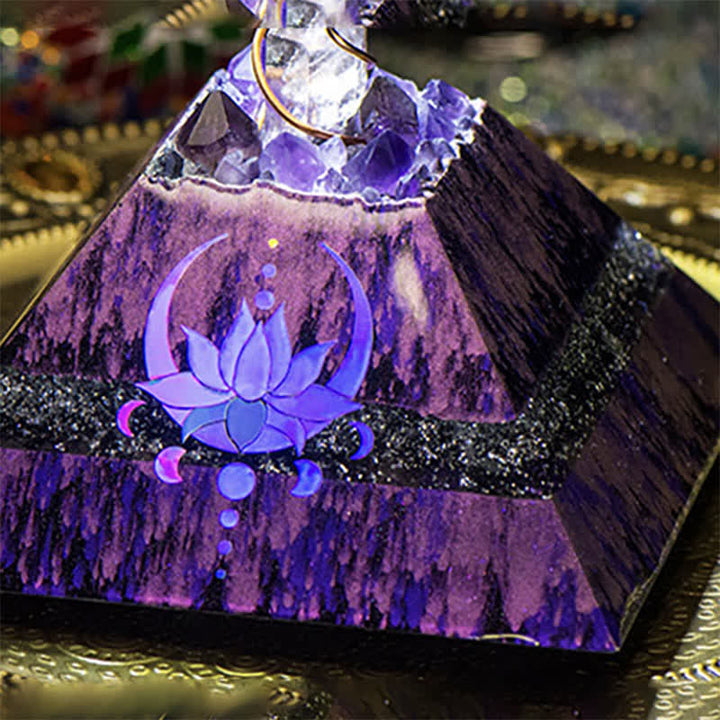 Olivenorma 14cm Lotus Ametista Energia Spire Piramide Orgone