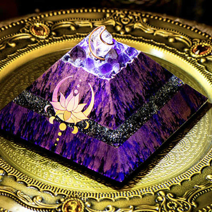 Olivenorma 14cm Lotus Ametista Energia Spire Piramide Orgone