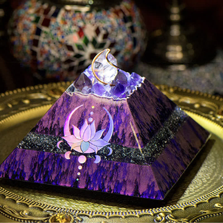 Olivenorma 14cm Lotus Ametista Energia Spire Piramide Orgone