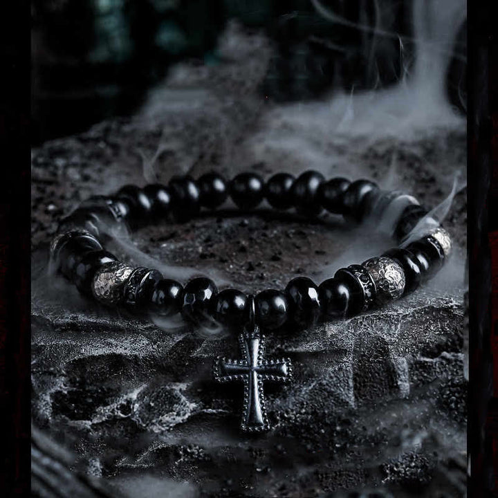 Olivenorma Bracciale con ciondolo a croce in perline di onice nero naturale 
