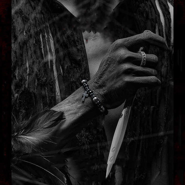 Olivenorma Bracciale con ciondolo a croce in perline di onice nero naturale 