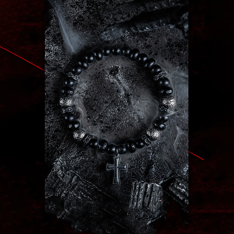 Olivenorma Bracciale con ciondolo a croce in perline di onice nero naturale 
