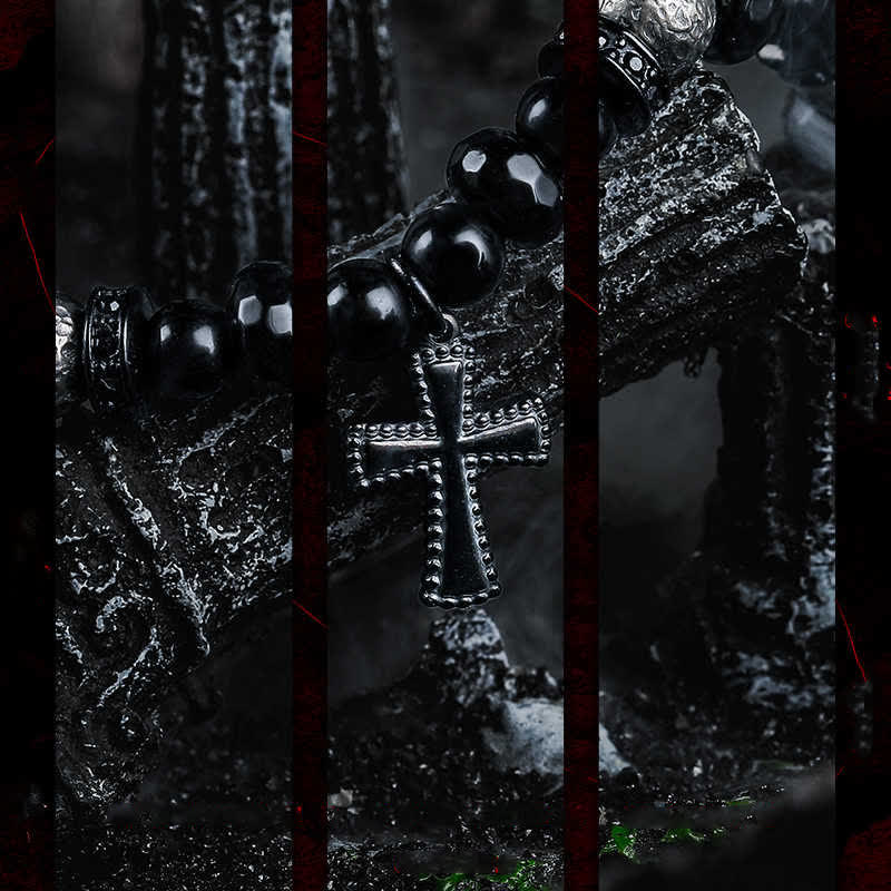 Olivenorma Bracciale con ciondolo a croce in perline di onice nero naturale 