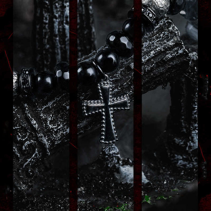 Olivenorma Bracciale con ciondolo a croce in perline di onice nero naturale 