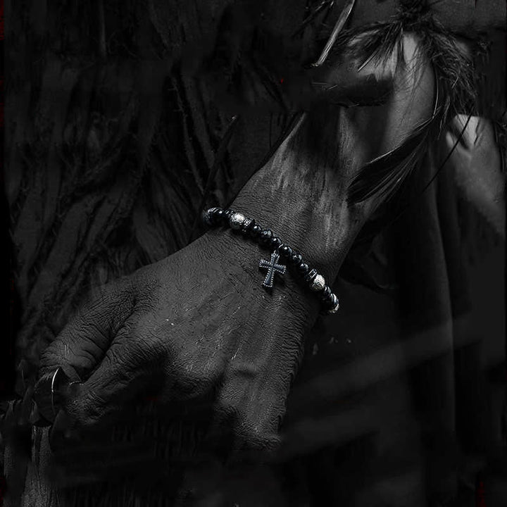 Olivenorma Bracciale con ciondolo a croce in perline di onice nero naturale 