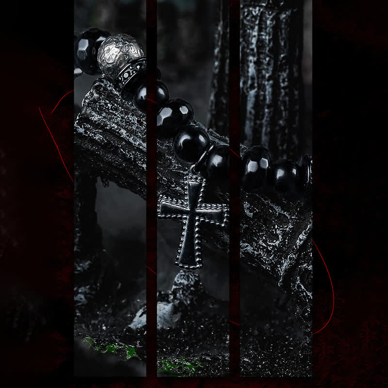 Olivenorma Bracciale con ciondolo a croce in perline di onice nero naturale 