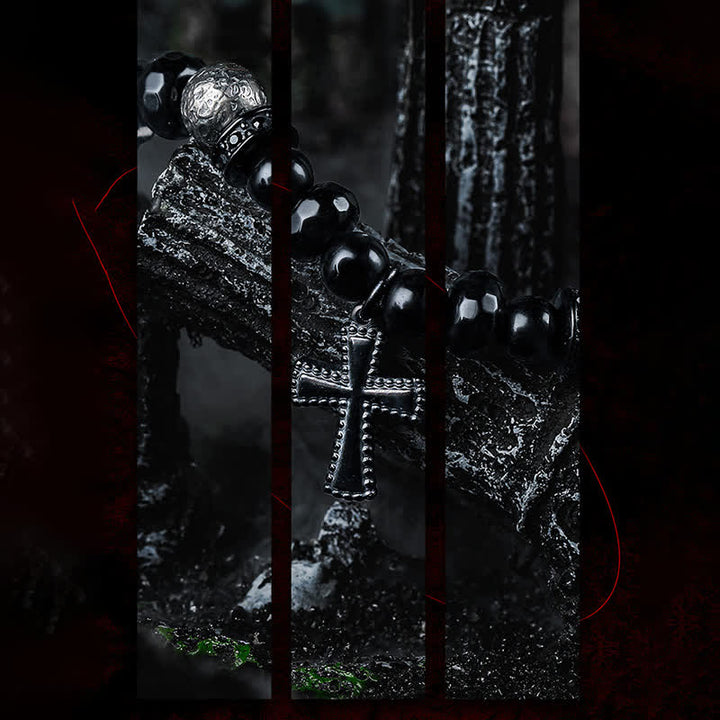 Olivenorma Bracciale con ciondolo a croce in perline di onice nero naturale 