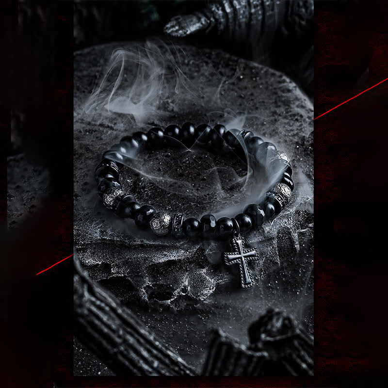 Olivenorma Bracciale con ciondolo a croce in perline di onice nero naturale 