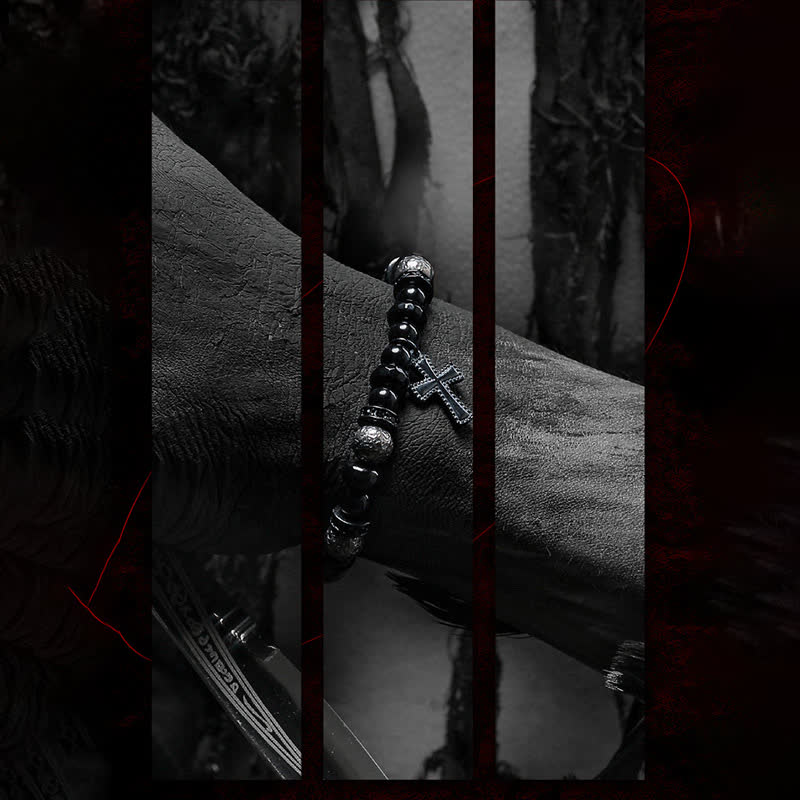 Olivenorma Bracciale con ciondolo a croce in perline di onice nero naturale 