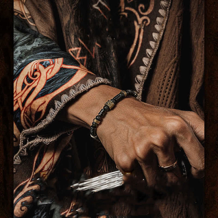 Bracciale Olivenorma in argento, ossidiana e guscio di cocco con perline 