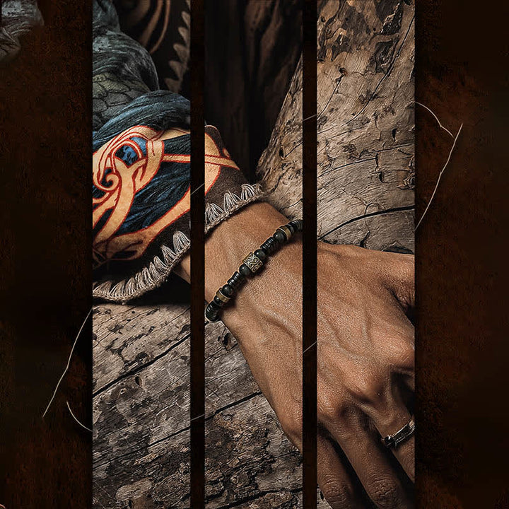 Bracciale Olivenorma in argento, ossidiana e guscio di cocco con perline 