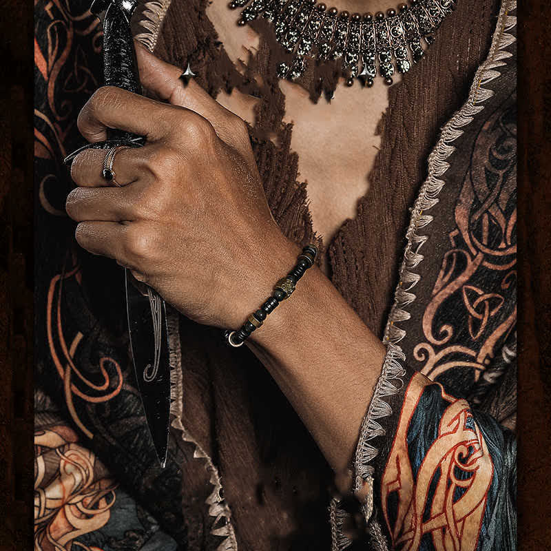 Bracciale Olivenorma in argento, ossidiana e guscio di cocco con perline 